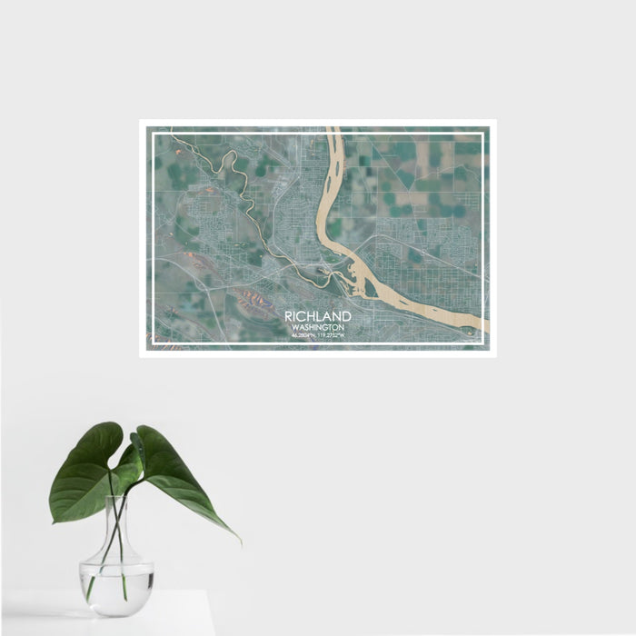 16x24 Richland Washington Map Print Landscape Orientation in Afternoon Style With Tropical Plant Leaves in Water