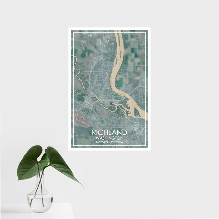 16x24 Richland Washington Map Print Portrait Orientation in Afternoon Style With Tropical Plant Leaves in Water