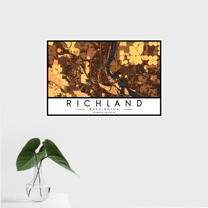 16x24 Richland Washington Map Print Landscape Orientation in Ember Style With Tropical Plant Leaves in Water
