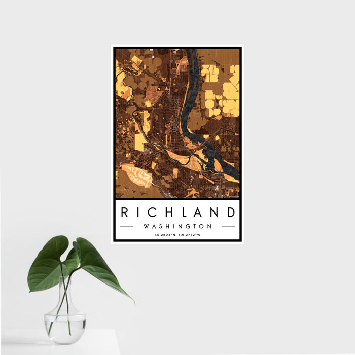 16x24 Richland Washington Map Print Portrait Orientation in Ember Style With Tropical Plant Leaves in Water