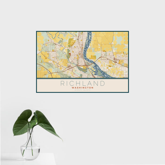 16x24 Richland Washington Map Print Landscape Orientation in Woodblock Style With Tropical Plant Leaves in Water