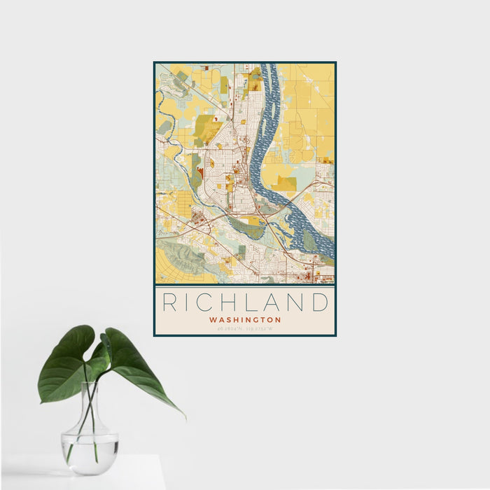 16x24 Richland Washington Map Print Portrait Orientation in Woodblock Style With Tropical Plant Leaves in Water