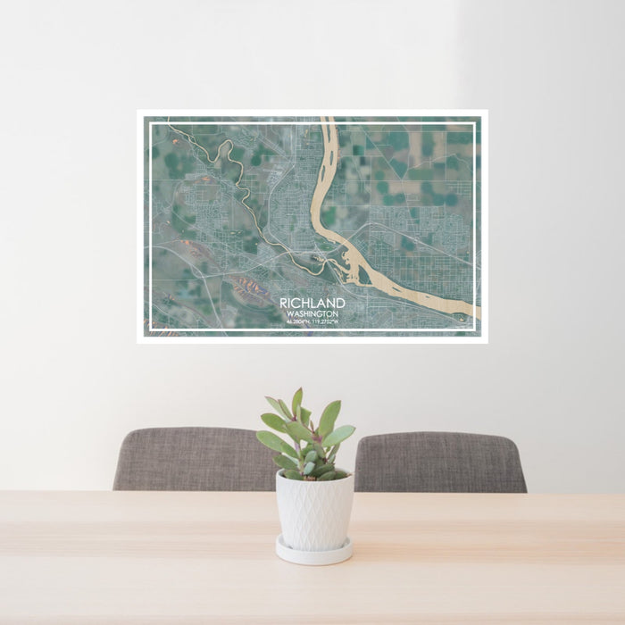 24x36 Richland Washington Map Print Lanscape Orientation in Afternoon Style Behind 2 Chairs Table and Potted Plant