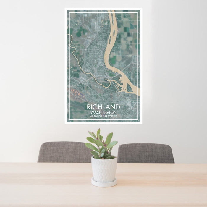 24x36 Richland Washington Map Print Portrait Orientation in Afternoon Style Behind 2 Chairs Table and Potted Plant