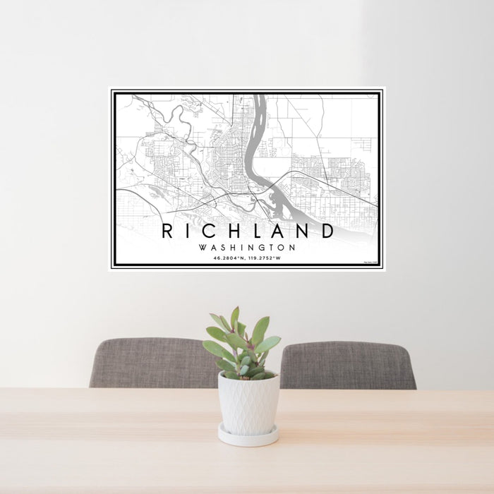 24x36 Richland Washington Map Print Lanscape Orientation in Classic Style Behind 2 Chairs Table and Potted Plant