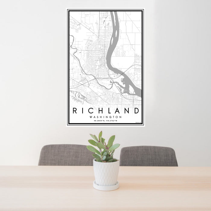 24x36 Richland Washington Map Print Portrait Orientation in Classic Style Behind 2 Chairs Table and Potted Plant