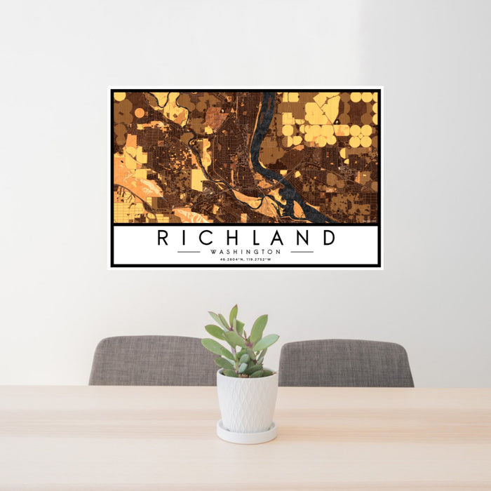 24x36 Richland Washington Map Print Lanscape Orientation in Ember Style Behind 2 Chairs Table and Potted Plant