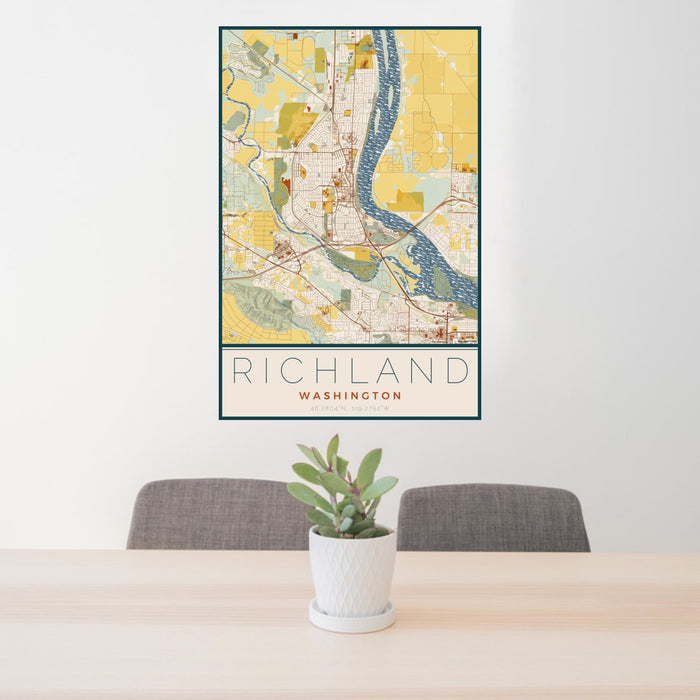 24x36 Richland Washington Map Print Portrait Orientation in Woodblock Style Behind 2 Chairs Table and Potted Plant