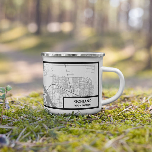 Right View Custom Richland Washington Map Enamel Mug in Classic on Grass With Trees in Background