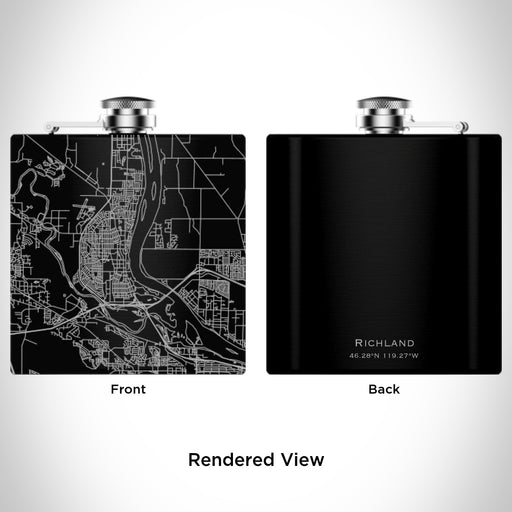 Rendered View of Richland Washington Map Engraving on 6oz Stainless Steel Flask in Black