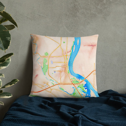 Custom Richland Washington Map Throw Pillow in Watercolor on Bedding Against Wall