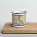 Front View Custom Richland Washington Map Enamel Mug in Woodblock on Cutting Board