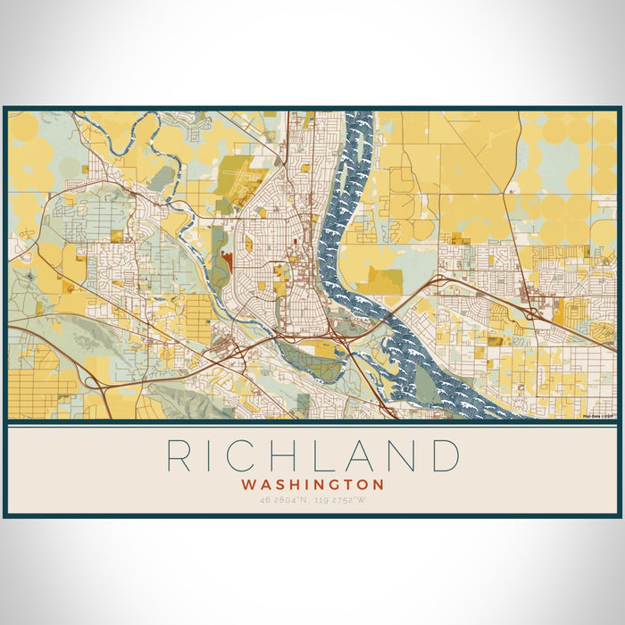 Richland Washington Map Print Landscape Orientation in Woodblock Style With Shaded Background