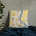 Custom Richland Washington Map Throw Pillow in Woodblock on Bedding Against Wall