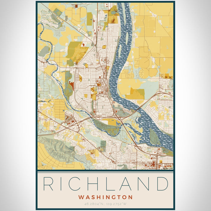 Richland Washington Map Print Portrait Orientation in Woodblock Style With Shaded Background