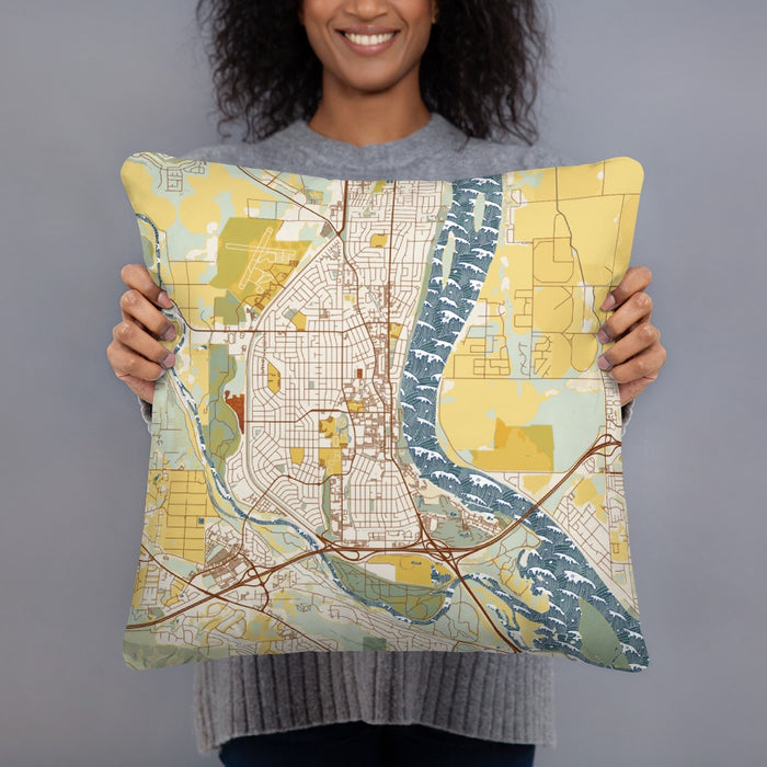 Person holding 18x18 Custom Richland Washington Map Throw Pillow in Woodblock
