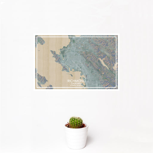 12x18 Richmond California Map Print Landscape Orientation in Afternoon Style With Small Cactus Plant in White Planter
