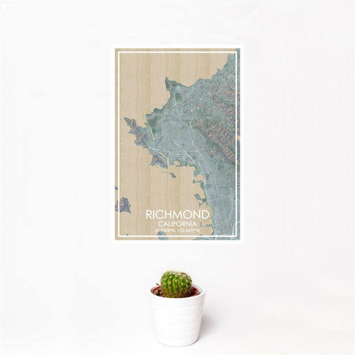 12x18 Richmond California Map Print Portrait Orientation in Afternoon Style With Small Cactus Plant in White Planter