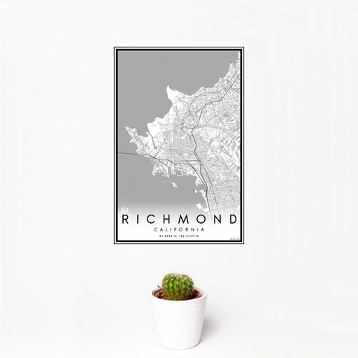 12x18 Richmond California Map Print Portrait Orientation in Classic Style With Small Cactus Plant in White Planter