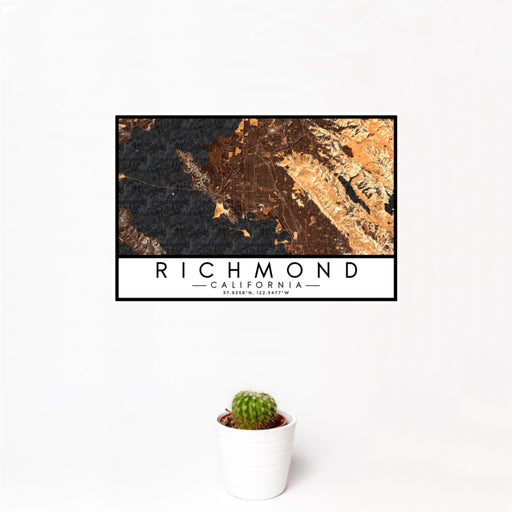 12x18 Richmond California Map Print Landscape Orientation in Ember Style With Small Cactus Plant in White Planter
