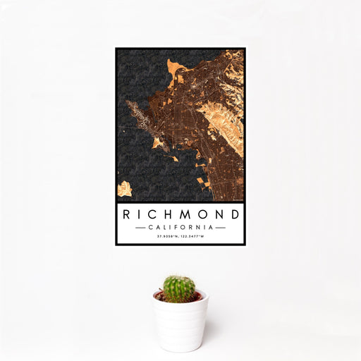 12x18 Richmond California Map Print Portrait Orientation in Ember Style With Small Cactus Plant in White Planter