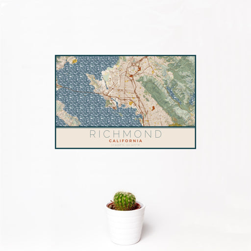 12x18 Richmond California Map Print Landscape Orientation in Woodblock Style With Small Cactus Plant in White Planter