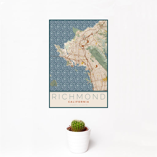 12x18 Richmond California Map Print Portrait Orientation in Woodblock Style With Small Cactus Plant in White Planter