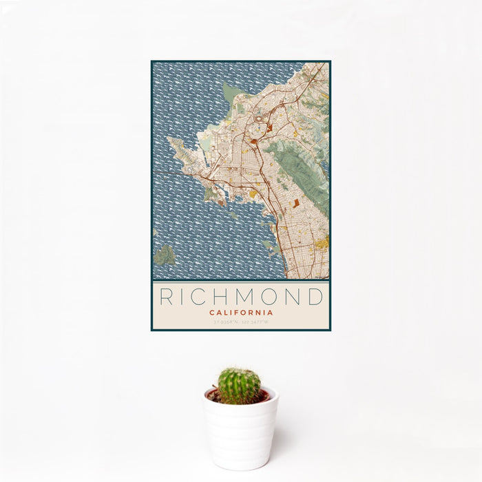 12x18 Richmond California Map Print Portrait Orientation in Woodblock Style With Small Cactus Plant in White Planter