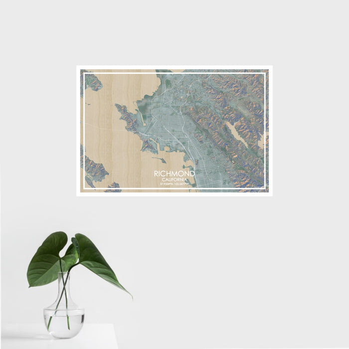 16x24 Richmond California Map Print Landscape Orientation in Afternoon Style With Tropical Plant Leaves in Water