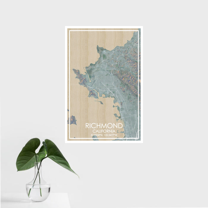 16x24 Richmond California Map Print Portrait Orientation in Afternoon Style With Tropical Plant Leaves in Water