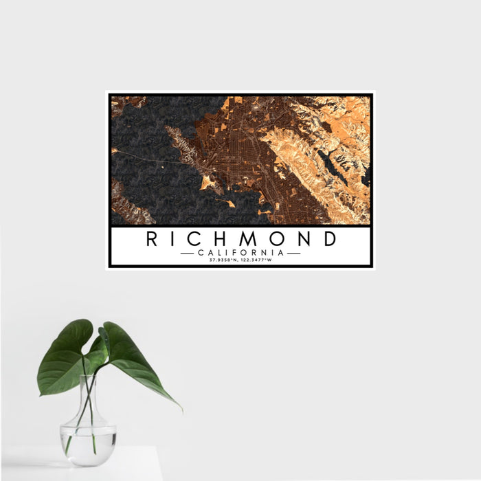 16x24 Richmond California Map Print Landscape Orientation in Ember Style With Tropical Plant Leaves in Water