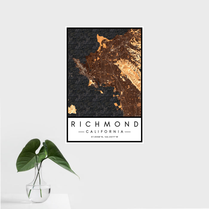 16x24 Richmond California Map Print Portrait Orientation in Ember Style With Tropical Plant Leaves in Water