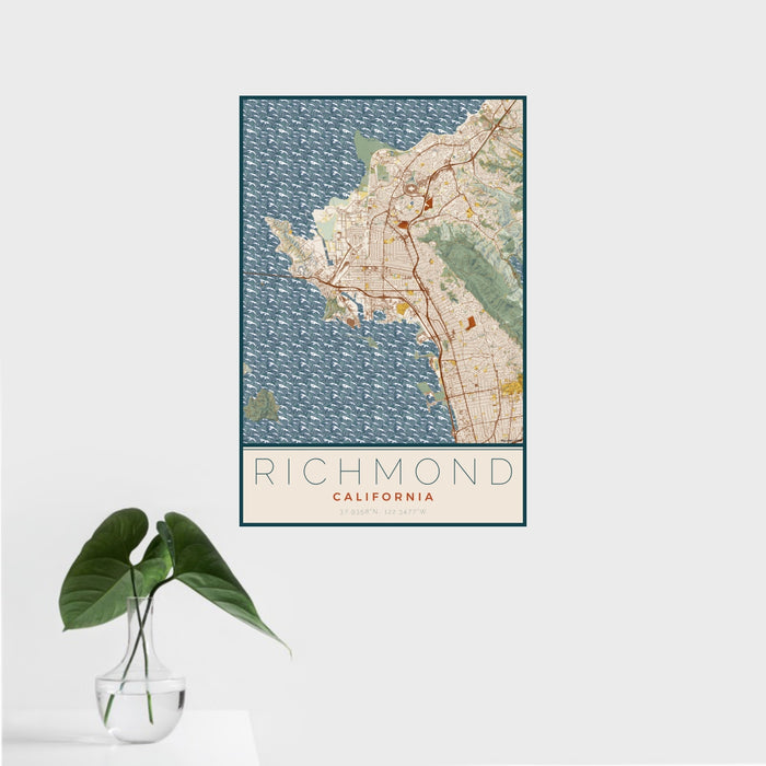 16x24 Richmond California Map Print Portrait Orientation in Woodblock Style With Tropical Plant Leaves in Water