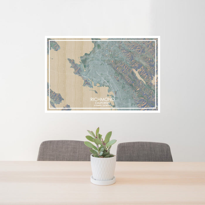 24x36 Richmond California Map Print Lanscape Orientation in Afternoon Style Behind 2 Chairs Table and Potted Plant