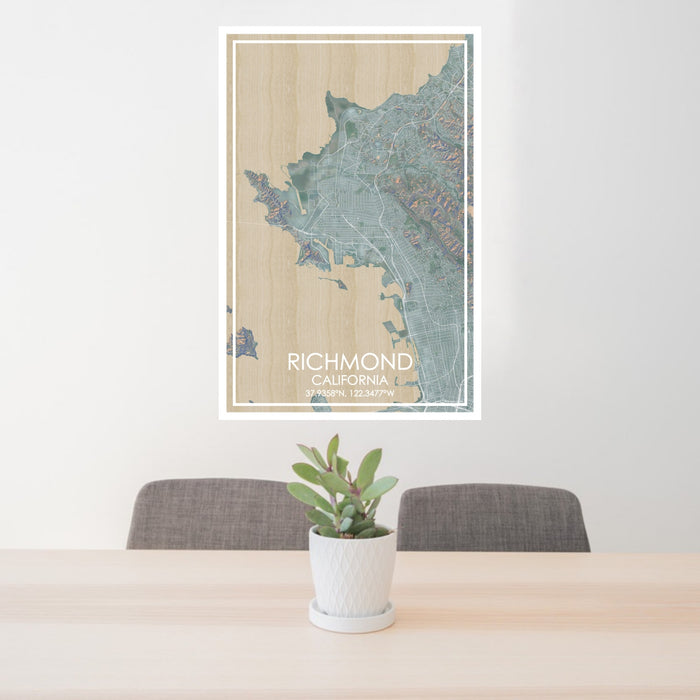 24x36 Richmond California Map Print Portrait Orientation in Afternoon Style Behind 2 Chairs Table and Potted Plant