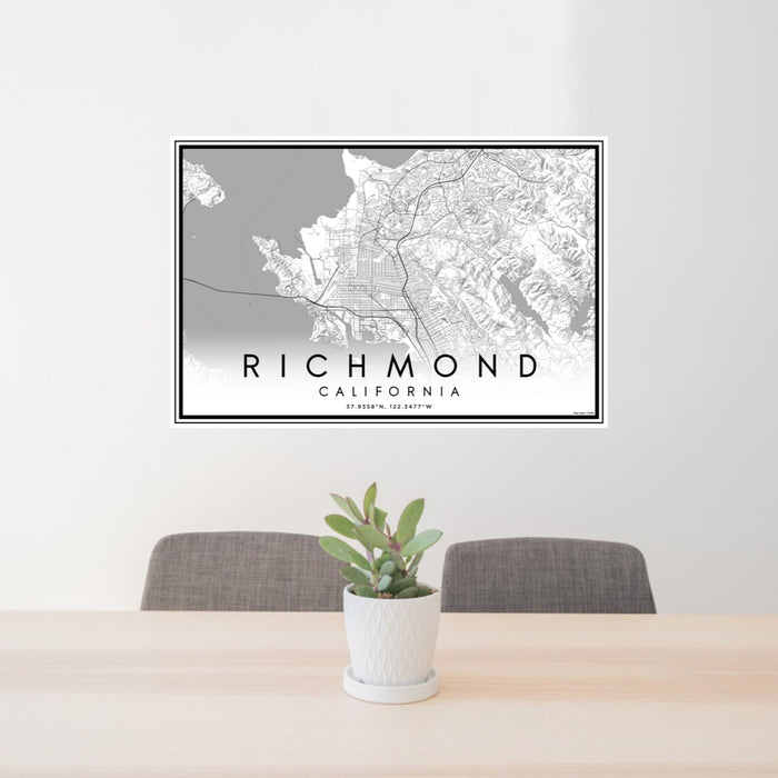 24x36 Richmond California Map Print Lanscape Orientation in Classic Style Behind 2 Chairs Table and Potted Plant