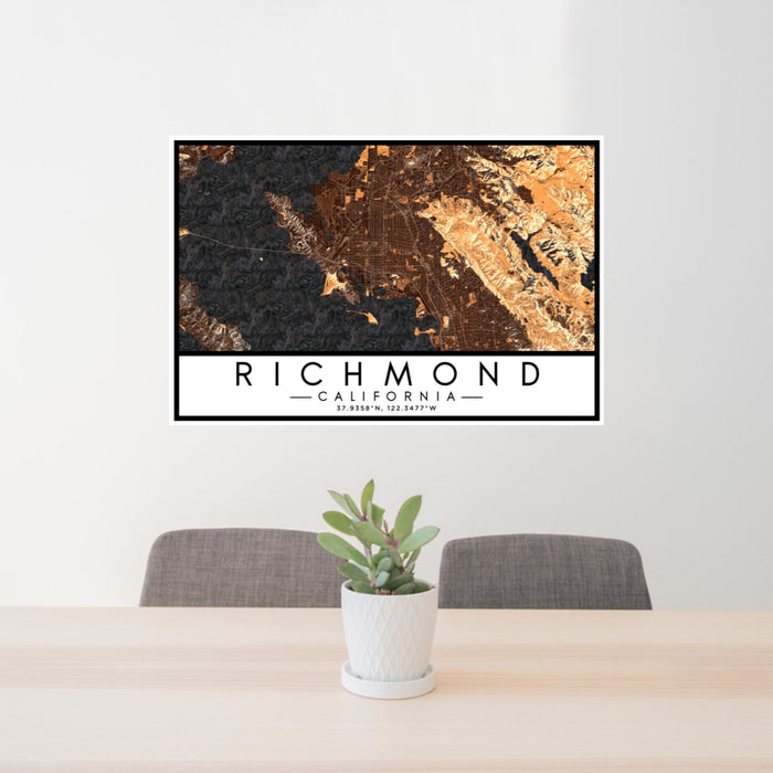 24x36 Richmond California Map Print Lanscape Orientation in Ember Style Behind 2 Chairs Table and Potted Plant