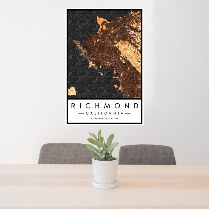 24x36 Richmond California Map Print Portrait Orientation in Ember Style Behind 2 Chairs Table and Potted Plant