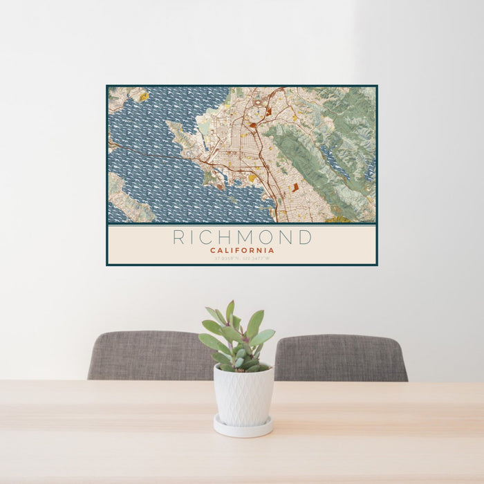 24x36 Richmond California Map Print Lanscape Orientation in Woodblock Style Behind 2 Chairs Table and Potted Plant