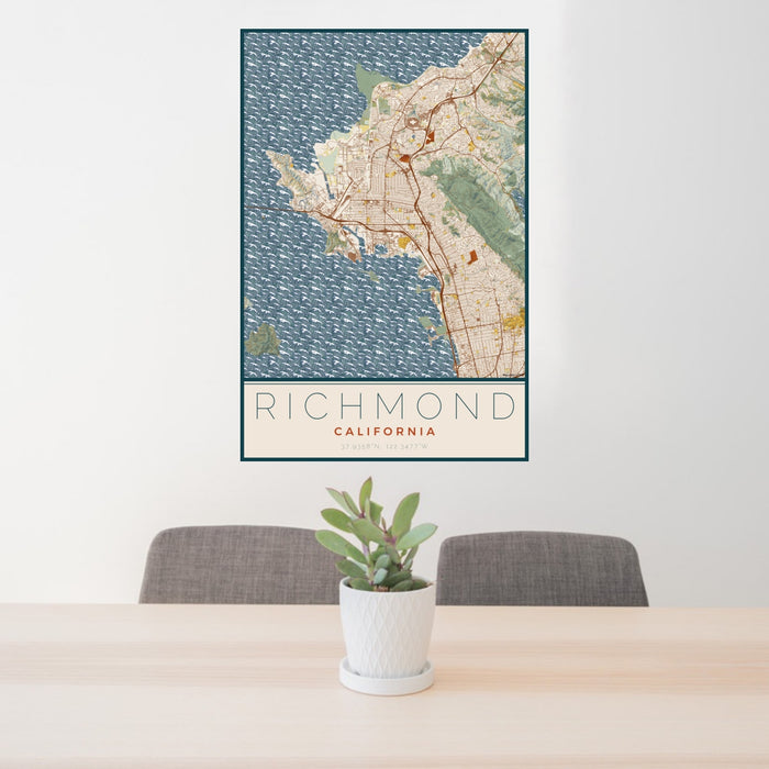 24x36 Richmond California Map Print Portrait Orientation in Woodblock Style Behind 2 Chairs Table and Potted Plant