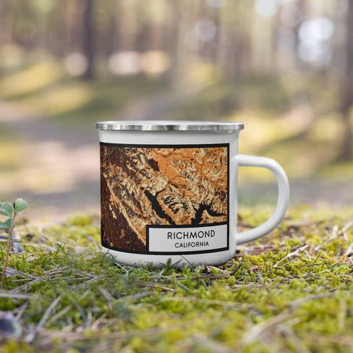 Right View Custom Richmond California Map Enamel Mug in Ember on Grass With Trees in Background