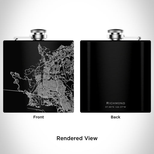 Rendered View of Richmond California Map Engraving on 6oz Stainless Steel Flask in Black