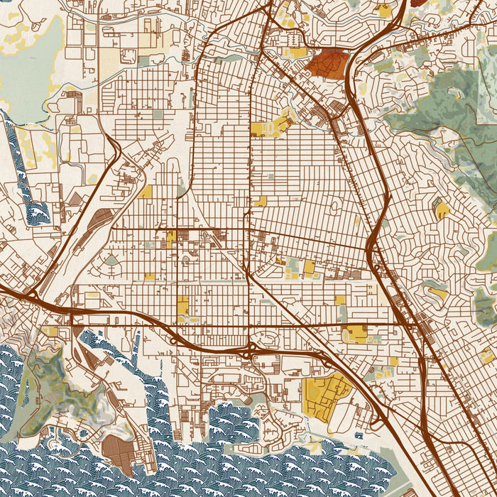 Richmond California Map Print in Woodblock Style Zoomed In Close Up Showing Details