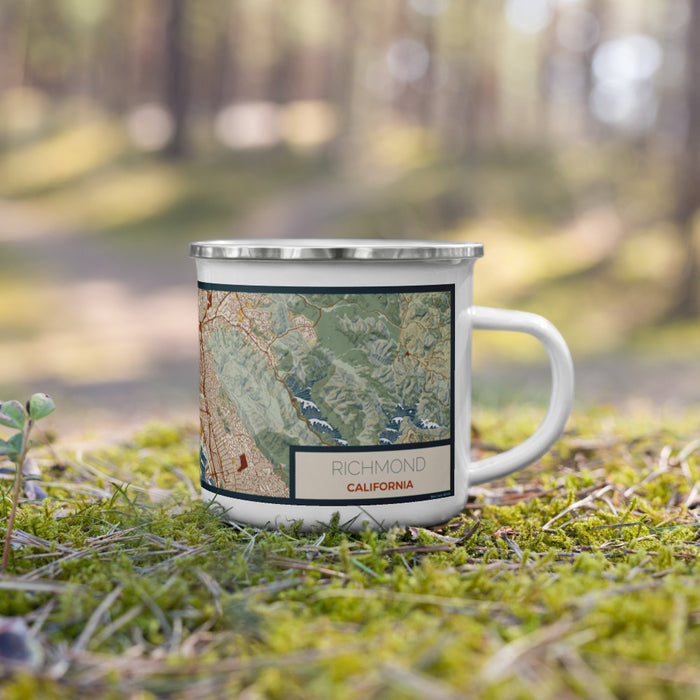 Right View Custom Richmond California Map Enamel Mug in Woodblock on Grass With Trees in Background