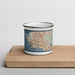 Front View Custom Richmond California Map Enamel Mug in Woodblock on Cutting Board