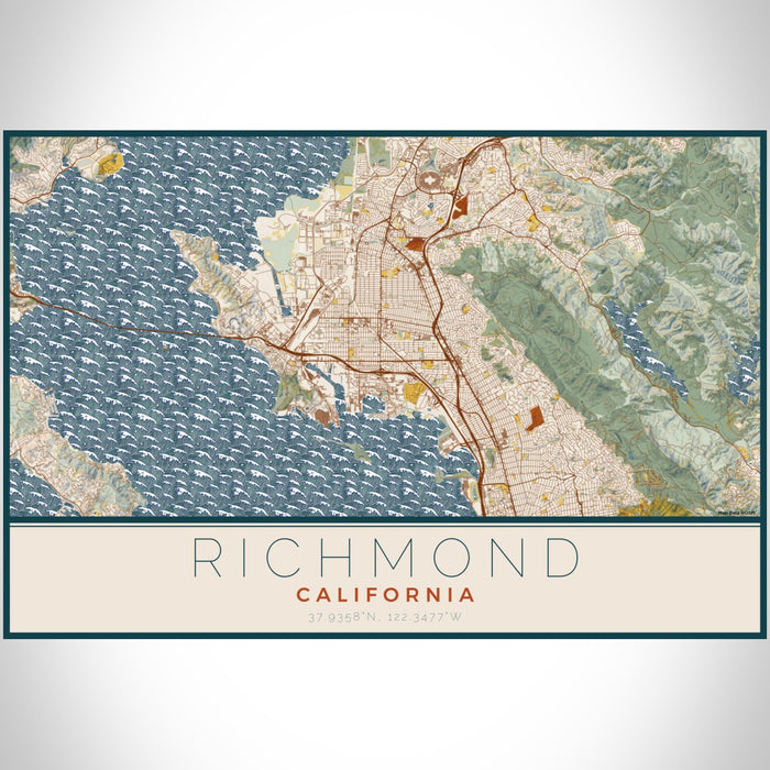 Richmond California Map Print Landscape Orientation in Woodblock Style With Shaded Background