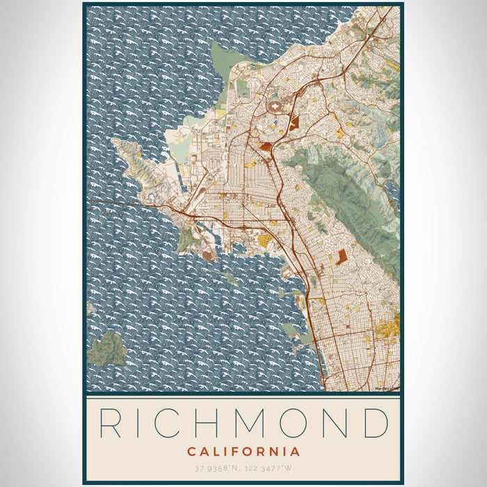 Richmond California Map Print Portrait Orientation in Woodblock Style With Shaded Background