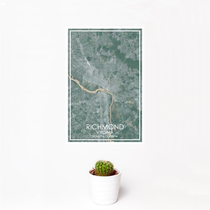 12x18 Richmond Virginia Map Print Portrait Orientation in Afternoon Style With Small Cactus Plant in White Planter