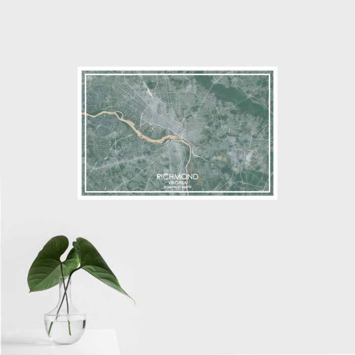 16x24 Richmond Virginia Map Print Landscape Orientation in Afternoon Style With Tropical Plant Leaves in Water