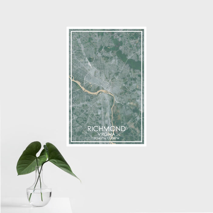 16x24 Richmond Virginia Map Print Portrait Orientation in Afternoon Style With Tropical Plant Leaves in Water